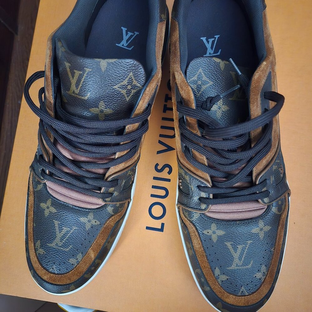 Louis Vuitton LV Trainer sneaker in brown with the signature Monogram pattern.